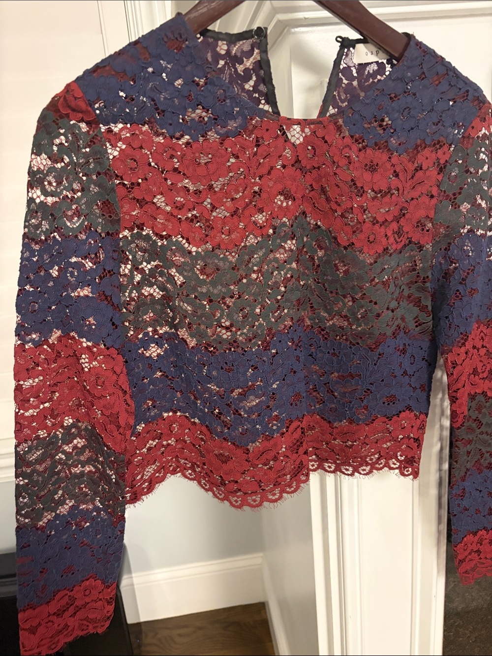 Sandro Red Blue Green Floral Lace Long-Sleeve Crop Top